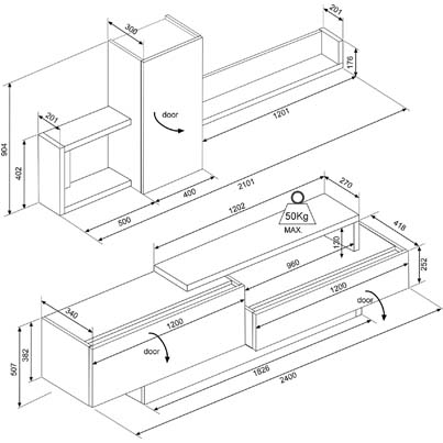 TRA-8063 Meuble TV COSMIT bois de frêne blanc L240xP42xH50cm vue plan2