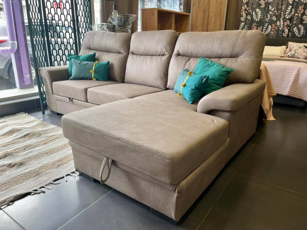 Sofa convertible, coffre méridienne angle Droite Taupe ERIKA H102xL254xP163cm / Couchage H45xL185xP136cm